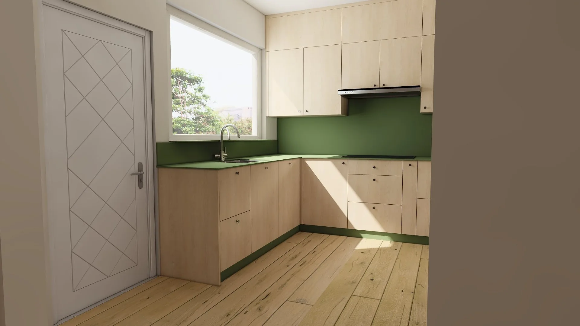 Front elevation render of plywood kitchen with green splashback Front elevation render of plywood kitchen with full height cabinets and green splashback in Matlock Derbyshire