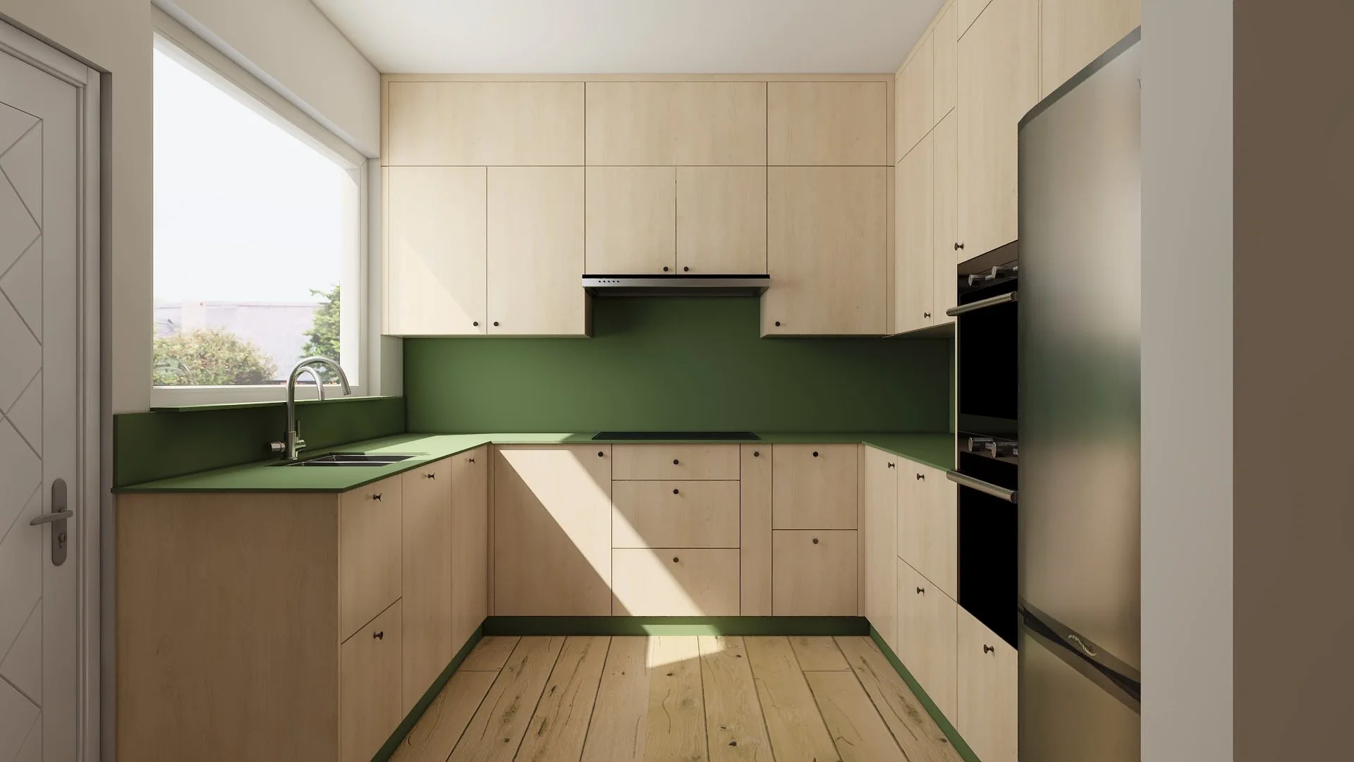 3D visual of plywood kitchen with tall appliance housing 3d visual of plywood kitchen layout showing tall fridge housing and double ovens in Matlock Derbyshire design