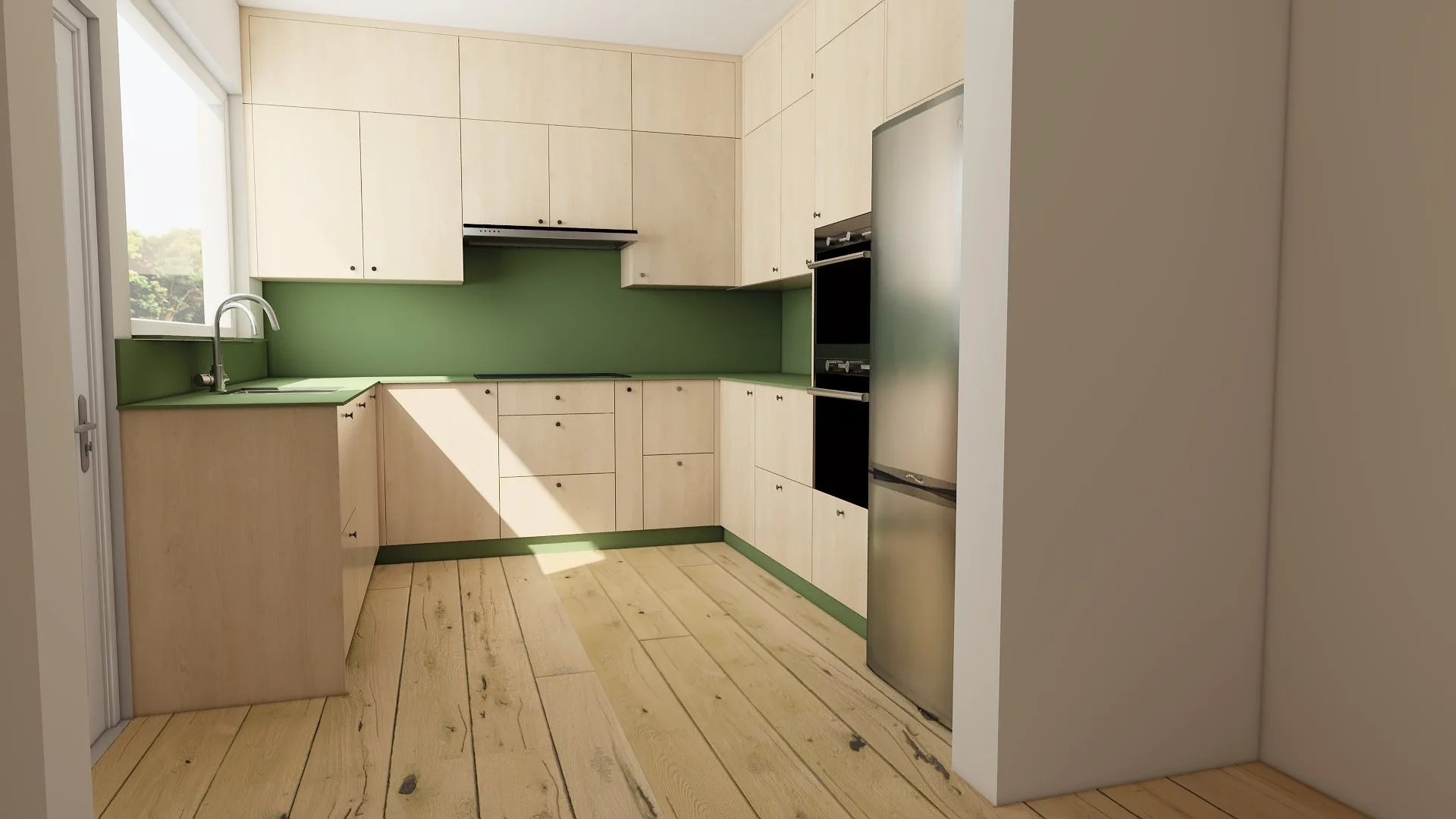3D render of plywood U-shaped kitchen in Matlock 3d render of plywood U shaped kitchen with green worktops and door to garden in Matlock Derbyshire
