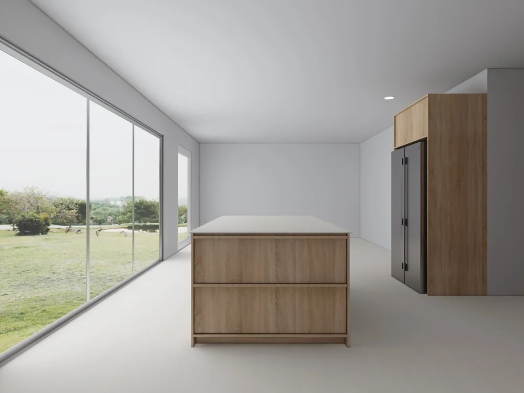 Design render: drawer storage within the island.