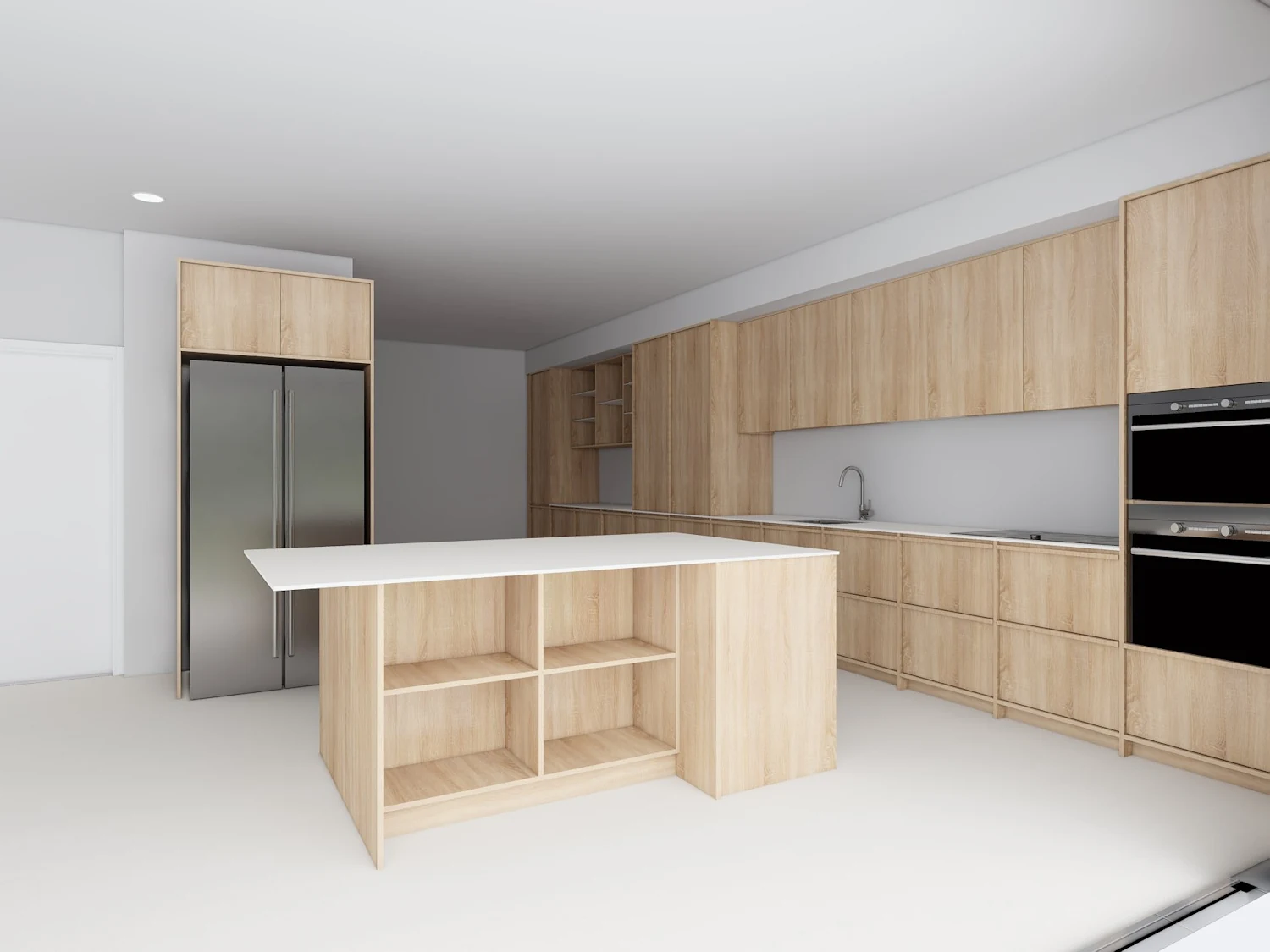 Japandi style kitchen 3d render seating area Seating area on the japandi style kitchen