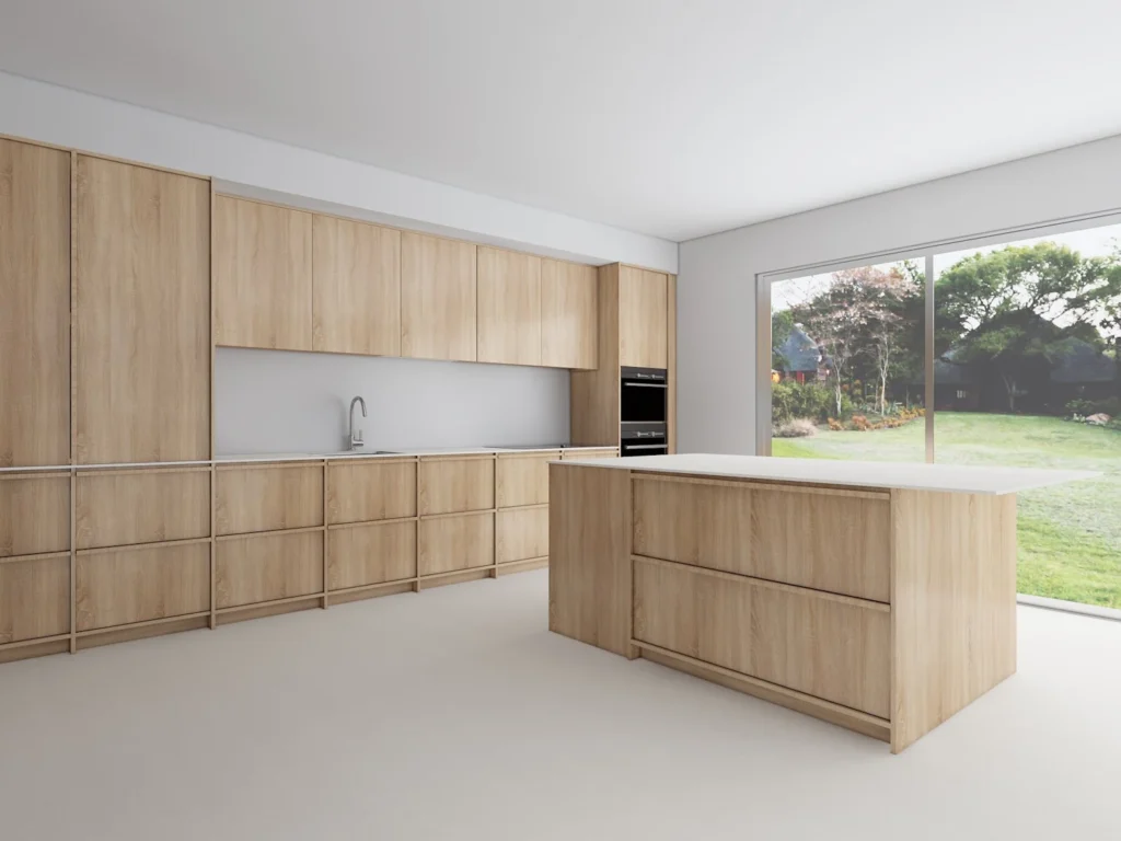 Design render: the proposed island and kitchen layout.