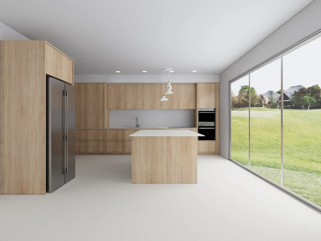 Design render: the island front and surrounding cabinetry.