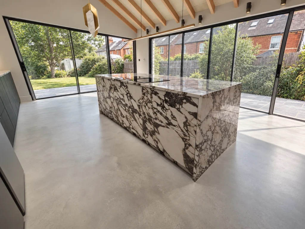 The completed island beside the garden glazing, with a waterfall end.