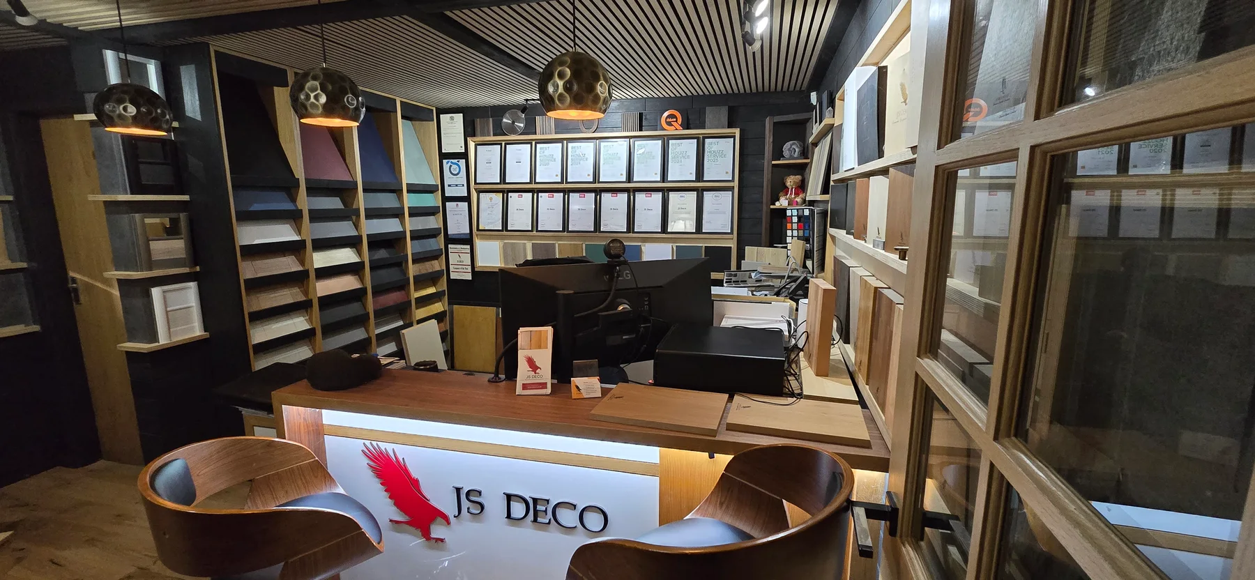 Customer seating, finish samples and consultation desk in the JS DECO Wakefield design studio